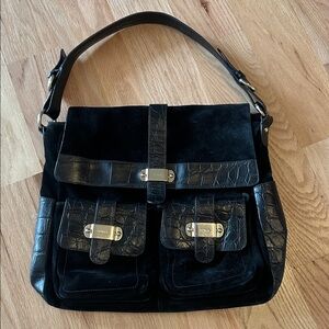 Furla Black Leather and Suede Shoulder Bag with Crocodile Detail
